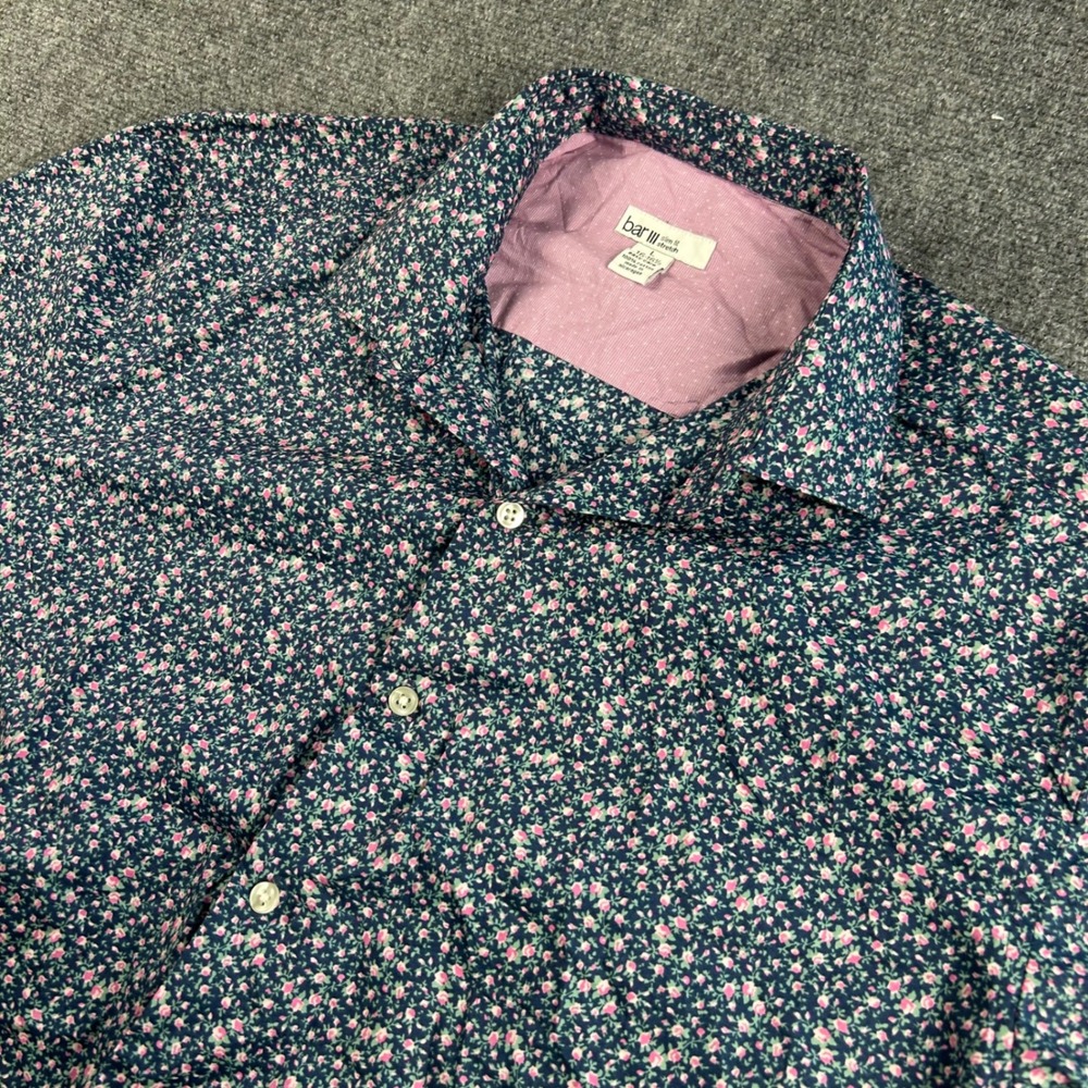Bar III Mens Slim Fit Stretch Floral Button Down Shirt Navy Pink Large 16-16.5